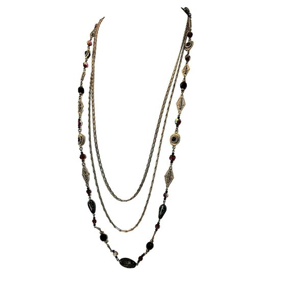 Vintage Miriam Haskell Possible Garnet Triple Layer Gold Tone Necklace, Signed - Picture 9 of 16